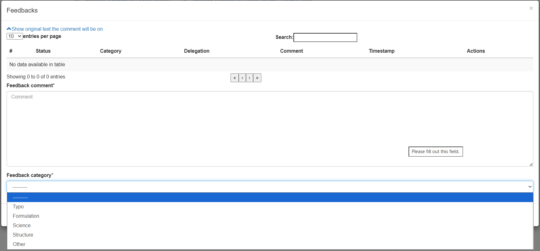 feedback popup menu