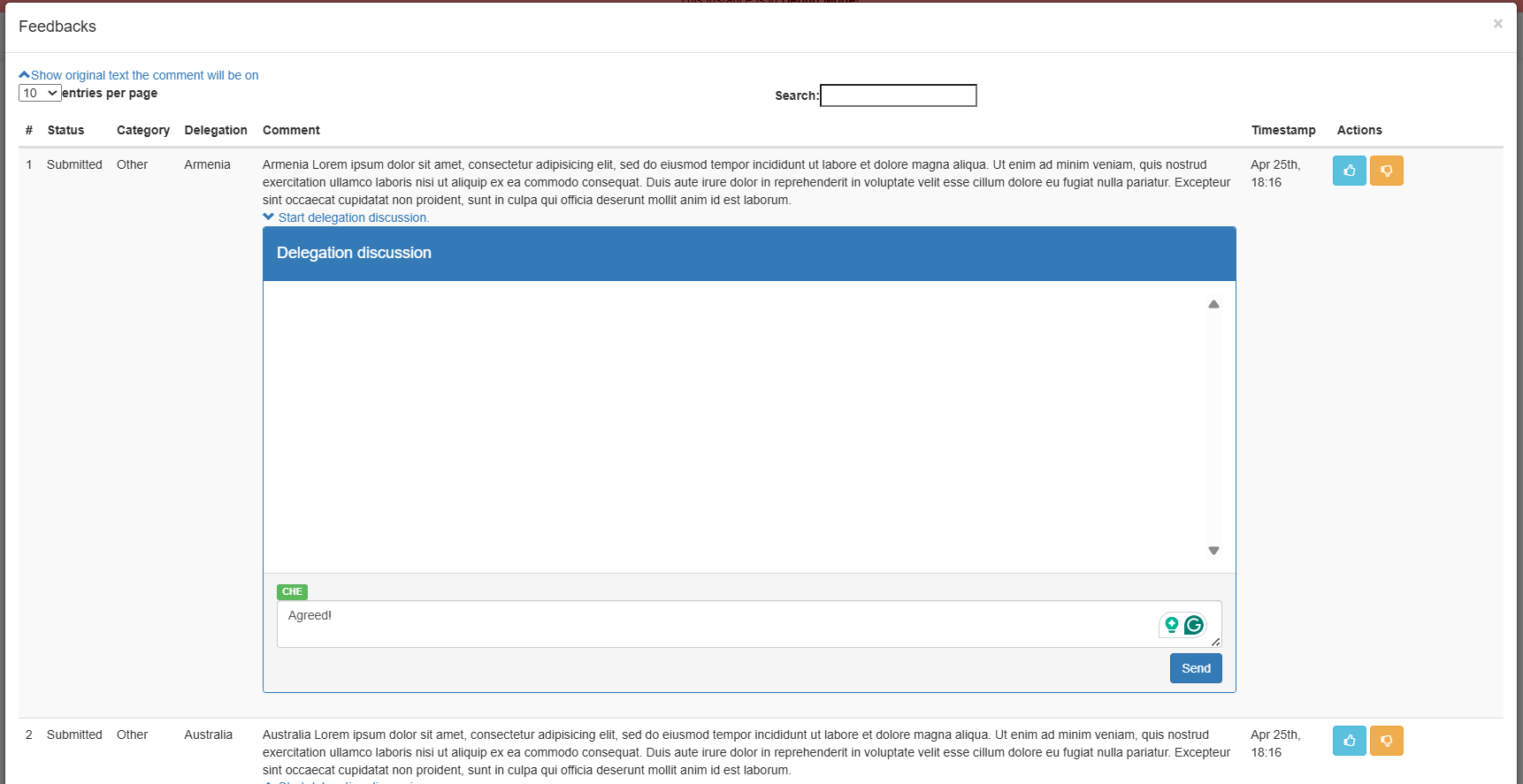 feedback popup menu